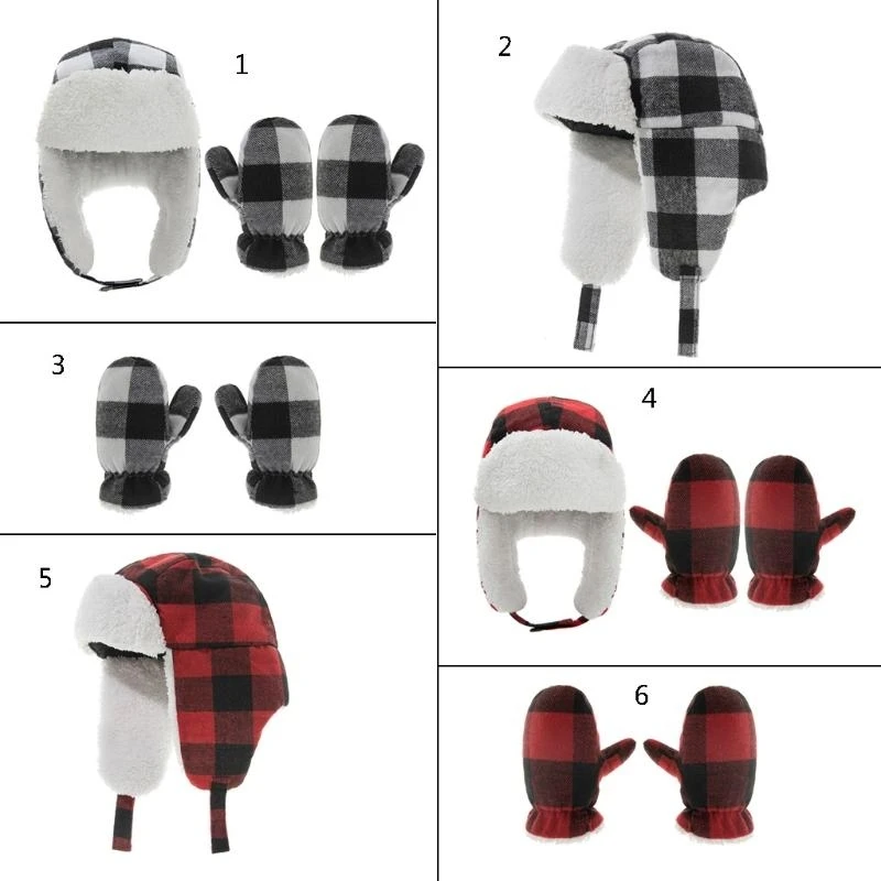 

J15U Winter Warm Baby Grids Pattern Ear Flap Hat Gloves Set Soft Cotton Lei Feng Cap Mitten for Kids Children