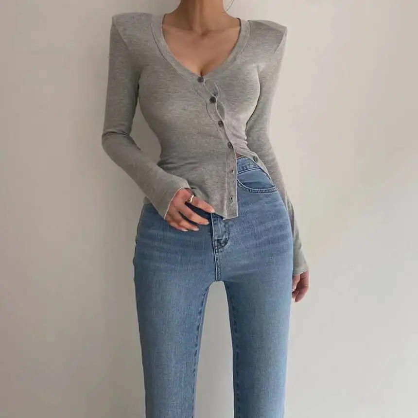 Chic V-Neck Long Sleeve T-Shirt Women's Slim Fit Single Button Top Korean Style Commute Wind Autumn New Arrival PU Material