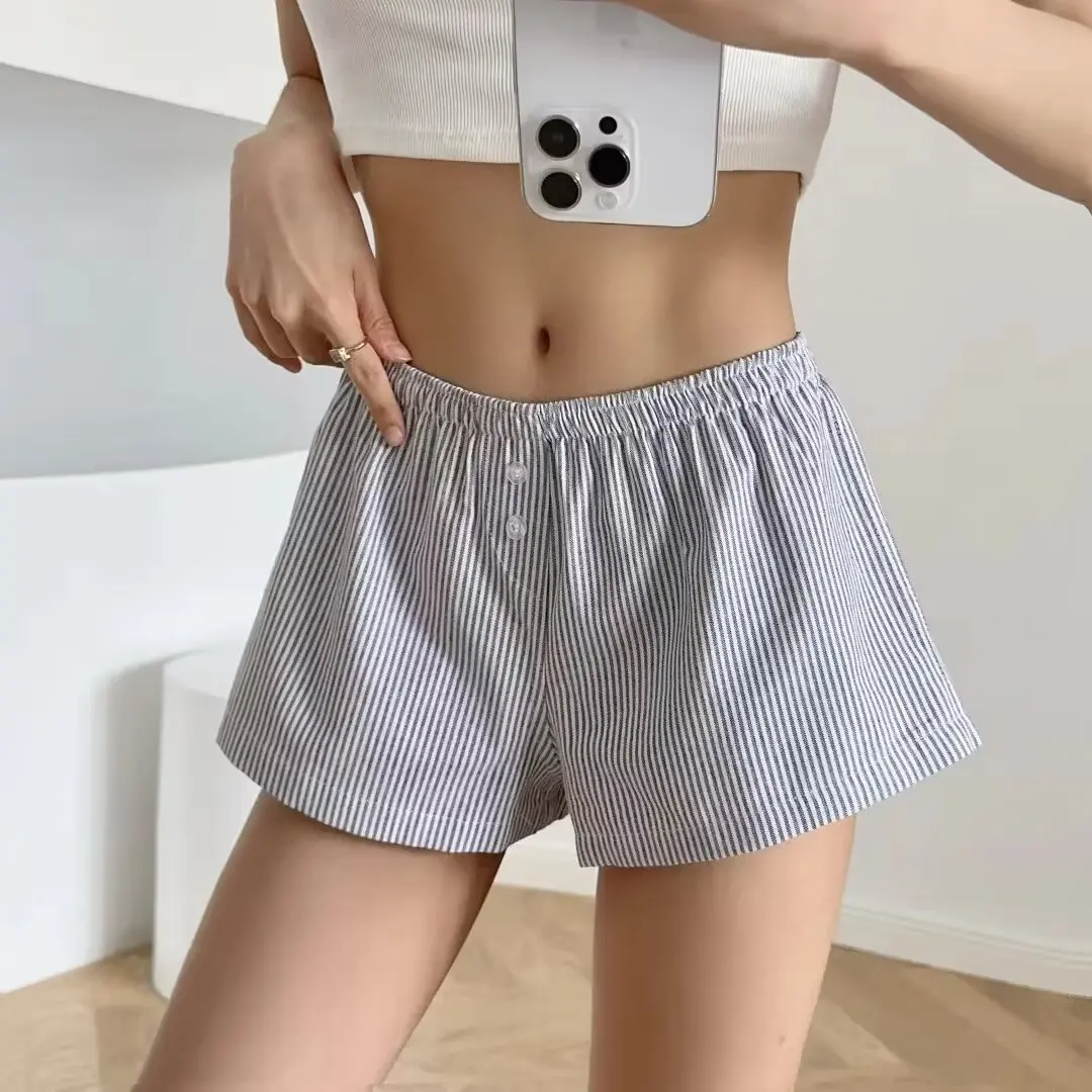 الأمريكية BM Sle مخطط زر منخفضة الخصر واسعة الساق ort السراويل النساء الصيف مريحة عارضة المنزل بوت تنوعا السراويل الساخنة #3