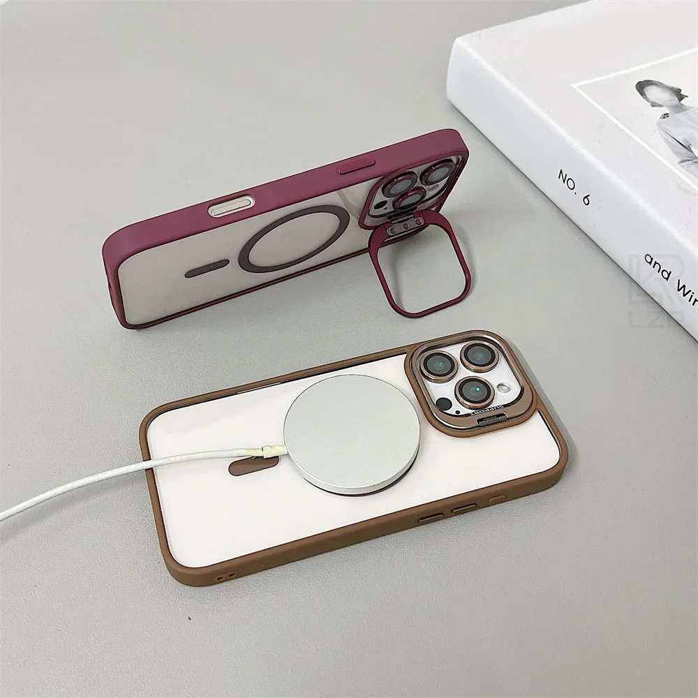 

Luxury Magnetic Shockproof Phone Case For iPhone 16 15 Pro Max Plus For Magsafe Stand Glass Lens Protector Cover Phone Holder