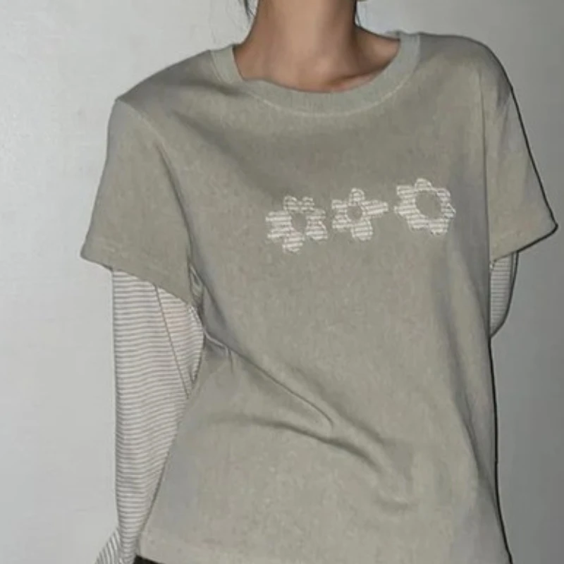 التباين اللون الشارع الرجعية الزهور خياطة كامي سيتا شيك عادية تي شيرت رو با مخطط التخسيس كاذبة قطعتين كم طويل #3