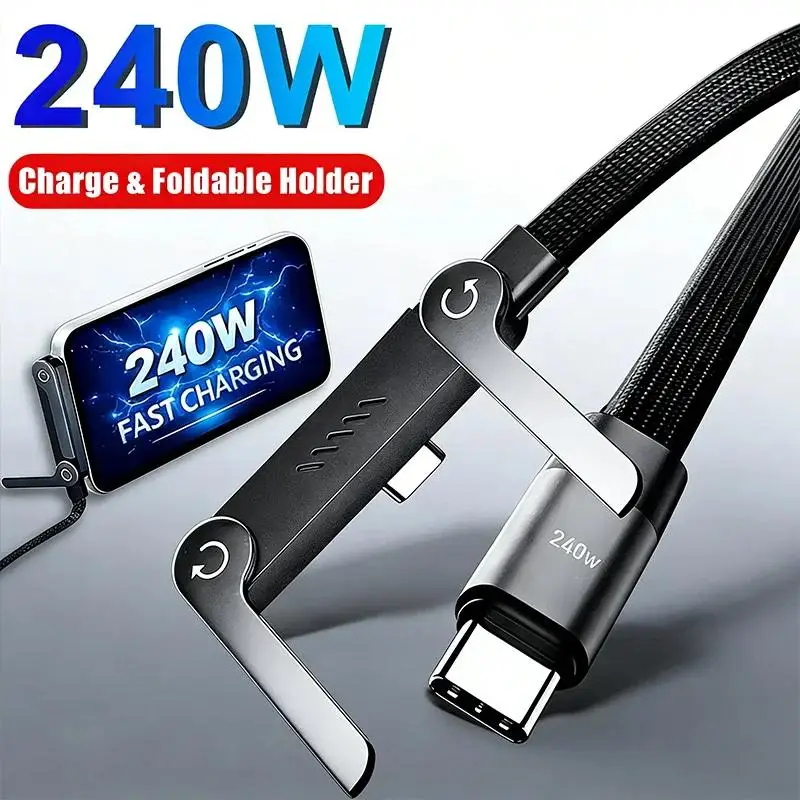 240W USB C Fast Charging Cable Built In Foldable Phone Stand Durable Braided For Gaming Watching Videos Fit Most Smartphones