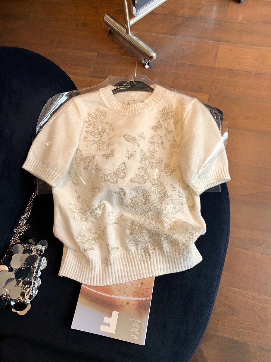

Elegant Gold Thread Embroidery Short Sleeve Knitted Top Women's Premium Feel Slimming Short Shoulder Length Shirt
