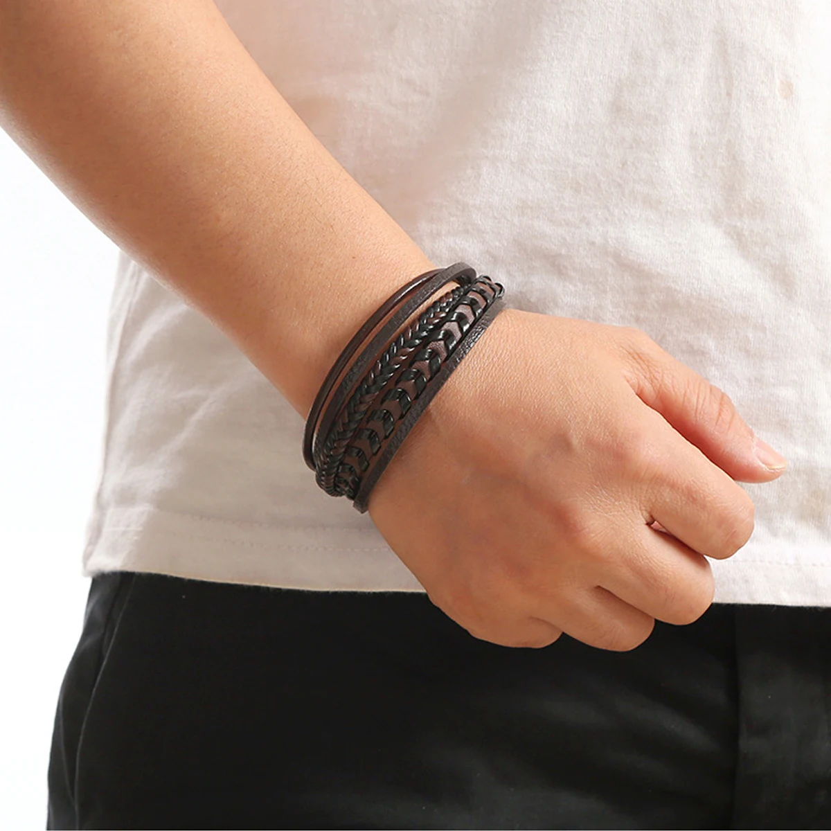 1pc Mode Zubehör MÄNNER Mehrschichtige Vintage Leder Seil Geflochtene Armband Legierung Magnetische Schnalle Armband – Detail 6