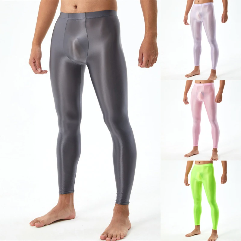 Men Tights Glossy Shiny Leggings U Convex Bulge Pouch Pants Sports Yoga Sexy Elastic Gym Fitness Training Sportswear Trousers