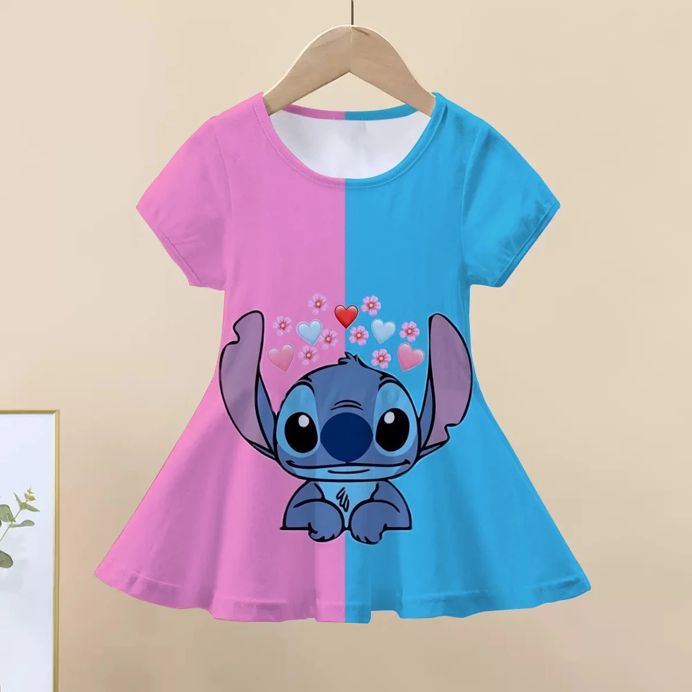 

New Printed Dress Cartoon Starry Baby Stitch Girls' Skirt Casual Breathable Girls' Short Sleeve Dress Children's Clothing
