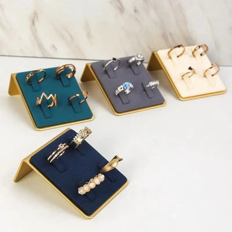 1PC Metal Microfiber Jewelry Display Stand with 4-Ring Holder Slanted Rectangular Design Multiple Styles for Jewelry Stores
