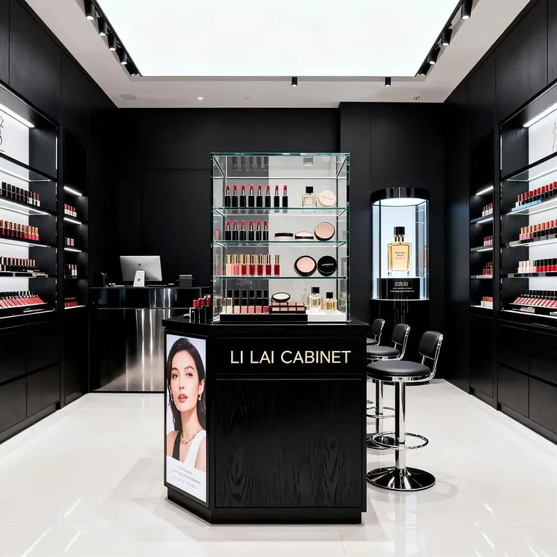 Middle Glass LED Lit Display Rack Cabinet Showcase Kiosk for Cosmetics Nail Polish Salon Showroom Retail Store