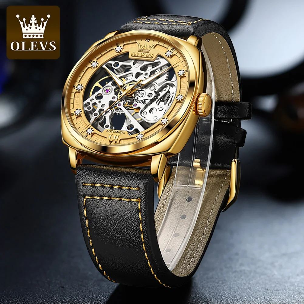 OLEVS Men\'s Watches Automatic Skeleton Self Winding Watches with Black Leather Band Waterproof Original Mechanical Watch for Man