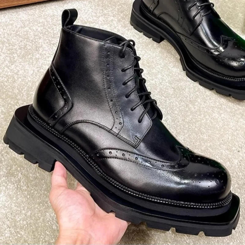 

Genuine Leather Thick Sole Luxury Business Ankle Motorcycle Boots Outdoor Hiking Work Shoes New Design Men Brogue Oxford Boots