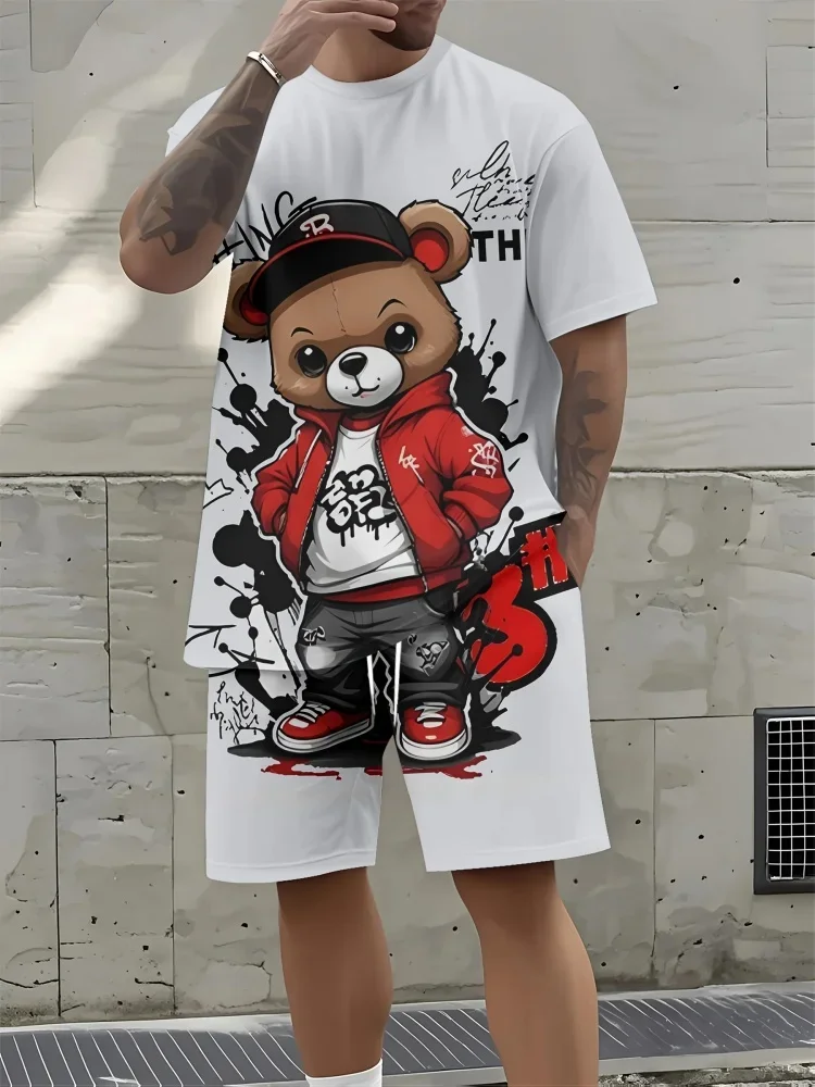 

Men's Summer New Short-sleeved Shorts Two-piece Set 3D Bear Printing Suit Outdoor Sports Breathable Sportswear