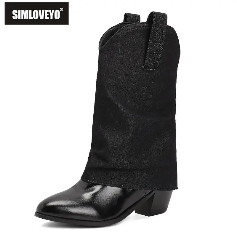 SIMLOVEYO 2024 New Cowboy Western Boots Mixed Color Pointed Toe Block Heels 6cm Slip On Plus Size 46 47 48 Leisure Daily Booties