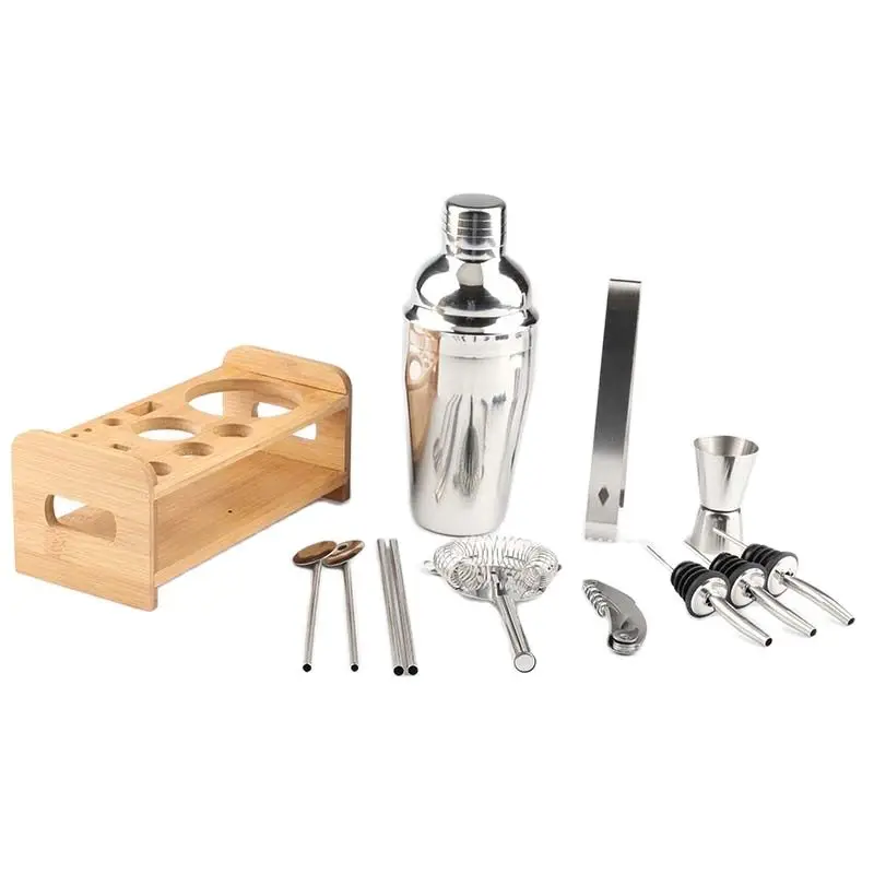 Cocktail Shaker Kit with Bamboo Rack Bar Set Bartender Kit 350ml 550ml