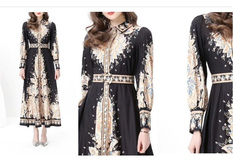 ZAROY Luxus Vintage Langes Kleid Frauen Palast Print Runway Kleid Herbst Langarm Hohe Taille A-linie Elegante Vestido فسات xaة