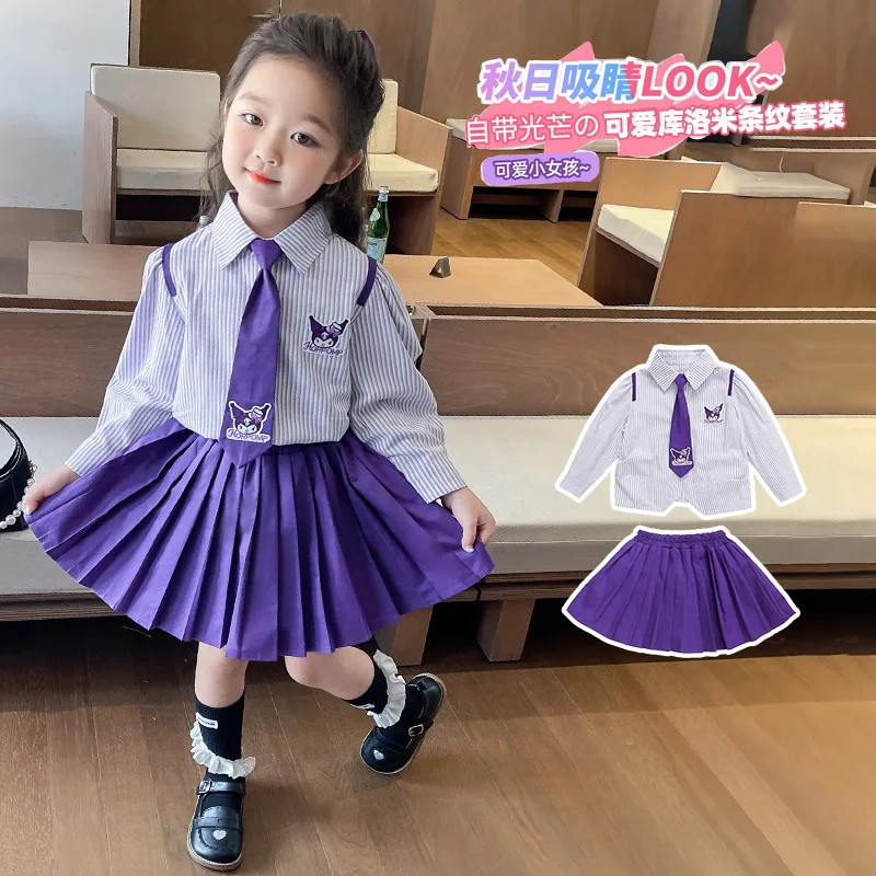 مجموعة قميص وتنورة مطوية بأكمام طويلة من Anime Kuromi Academy للفتيات JK طالب الحرم الجامعي نمط قطعتين الزي هدايا العيد