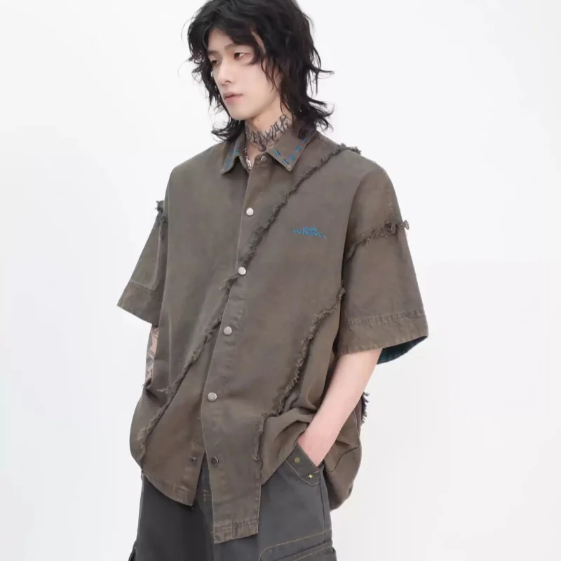 

Мужская футболка с коротким рукавом в американском стиле, с эффектом потертости и вставками, свободного кроя, для лета, от модного бренда High Street Design.