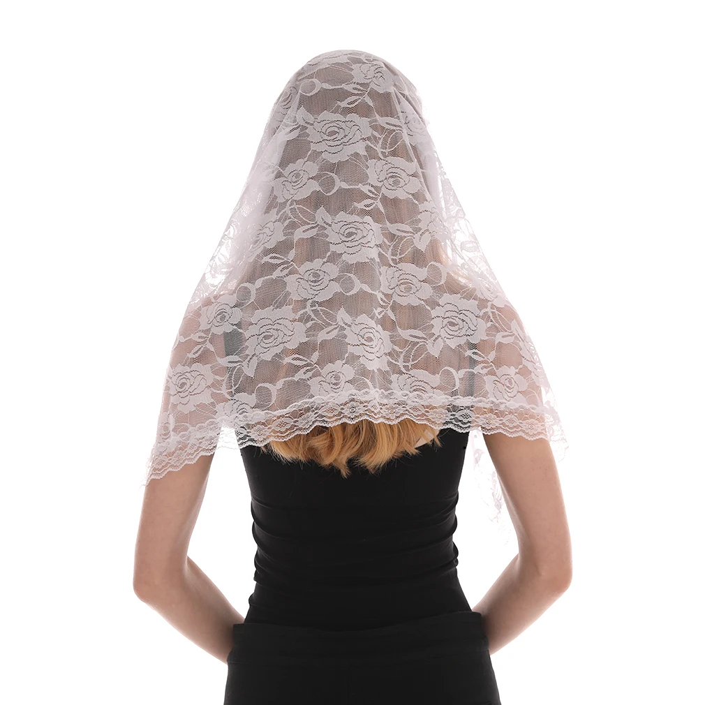 Embroidered Scarf for Church Semicircle Polyester Shawl Sheer Floral Solid color Women Wrap Neckerchief Spanish Mantilla Lace