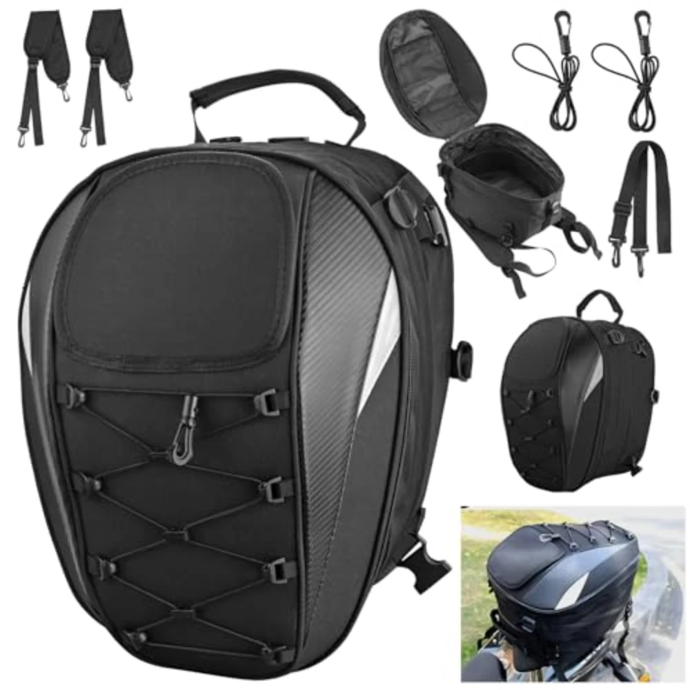 

38L Motorcycle Tail Bag, Expandable Waterproof Motorbike Helmet Backpack Luggage Bag with Rain Cover for Motorcycle