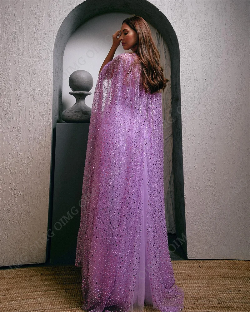 OIMG Newest Purple Shiny Tulle Long Saudi Arabic Evening Dresses Sequins Cape Custom Party Occasion Elegant Dress Prom Gows