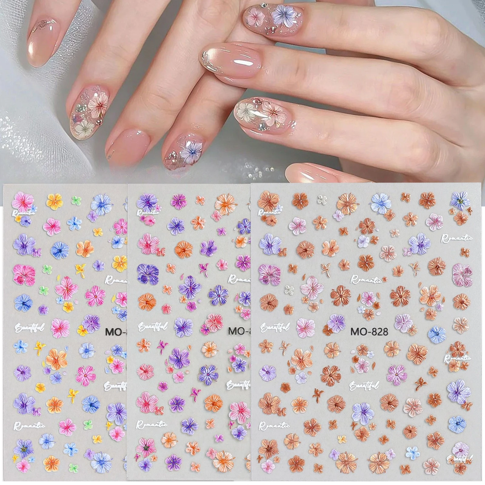 3D Geprägte Bunte Blumen-Nagelaufkleber Romantische Frühlings-Blumen-Nagelsticker Selbstklebende DIY-Maniküre-Dekoration Nagelkunst