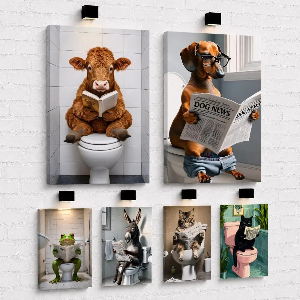Bathroom Cat Reading On Toilet Framed Wall Painting HD Wood Framed Canvas Poster Wall Art For Bedroom Bar Home Decor