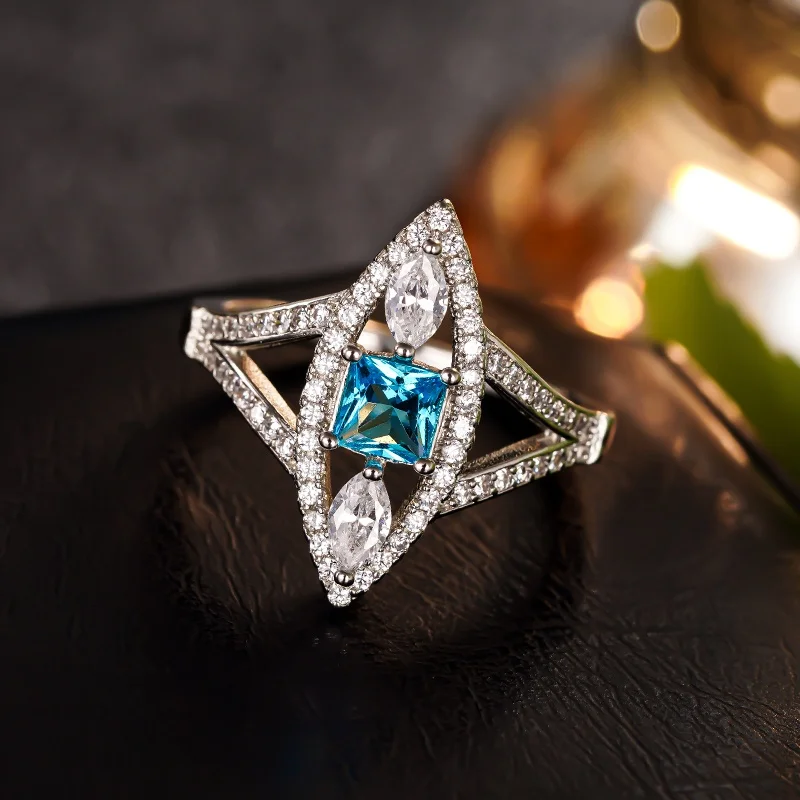 CAOSHI Luxurious Geometry Rings with Square Blue Cubic Zirconia Exquisite Marriage Proposal Rings for Women Fashion Accessories