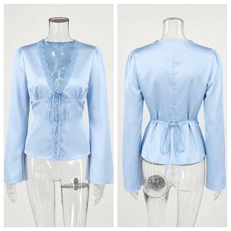 Women's Long Sleeve Satin Lace V-Neck T-Shirt