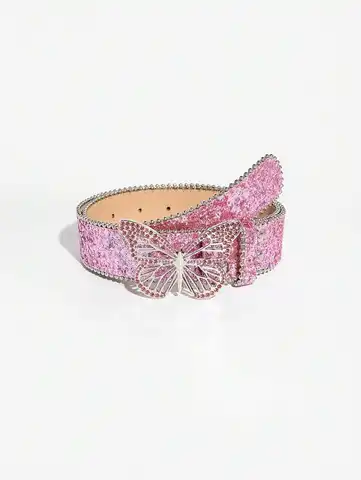 1pc Women's Pink Sequins Y2K Butterfly Buckle Rhinestone Belt, Suitable For Music Festival Outfit Summer, School Fall, Autumn,