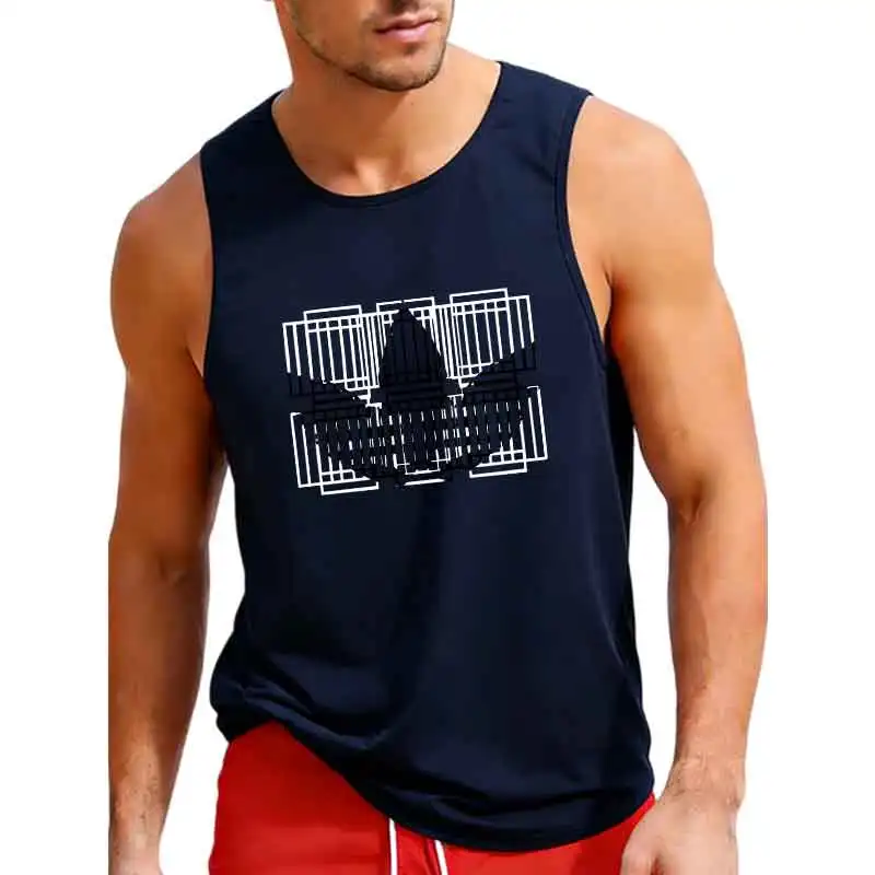 Men's casual sleeveless vest with geometric line printing, sports and fitness breathable loose shoulder top
