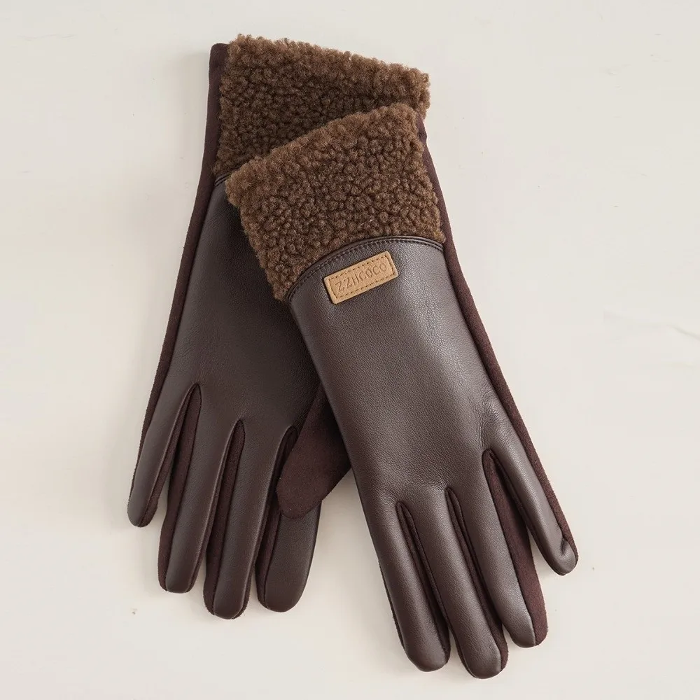 جديد بولي Leather قفازات الشتاء الجلدية الدافئة لامب الصوف قفازات شاشة لمس شاشة ملموس يندبروف يندبروف الباردة برهان قفازات النساء
