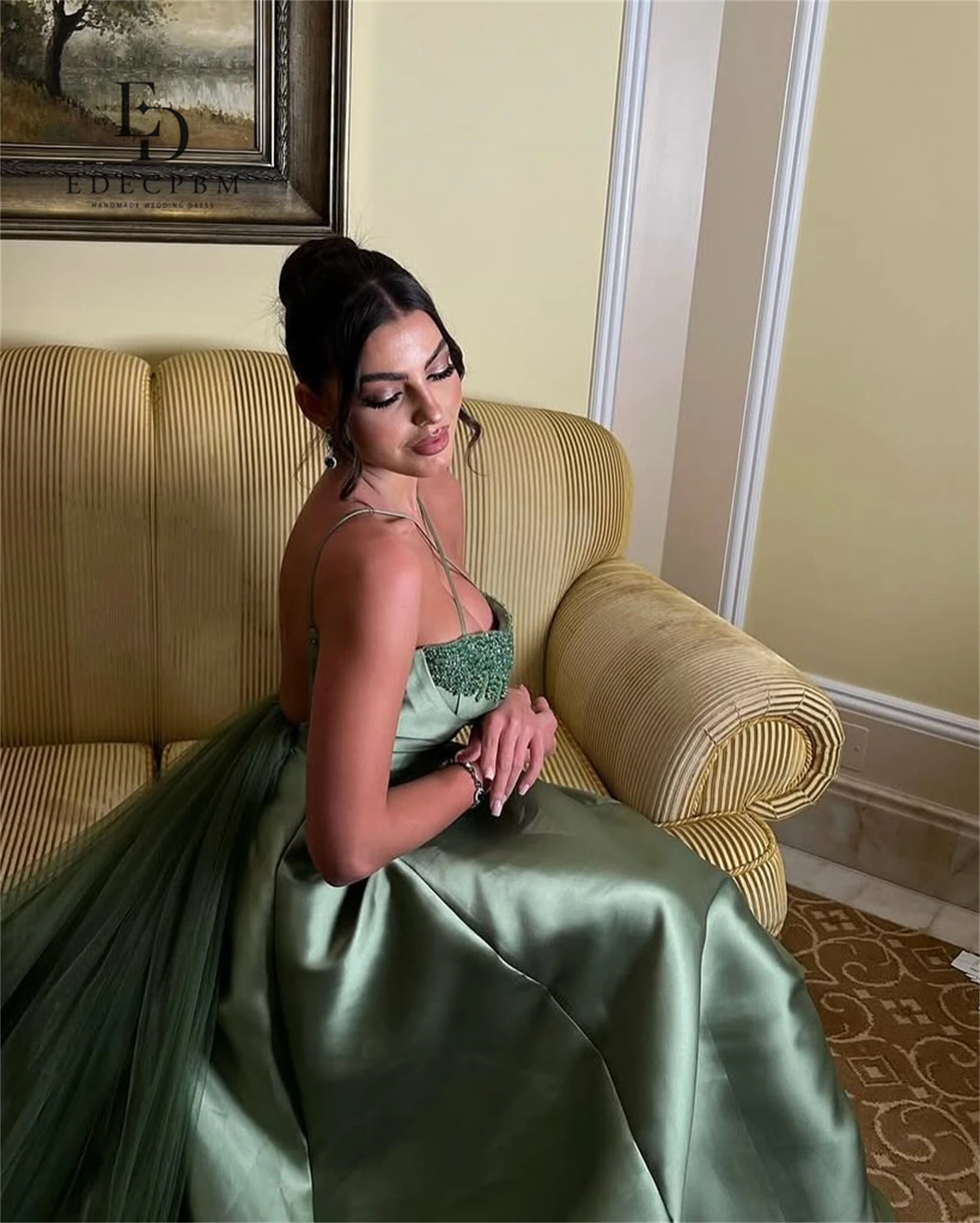 EDECPBM-vestidos elegantes personalizados para ocasiones especiales, vestido de noche verde para mujer, largo hasta la espalda de satén, novedad en vestidos