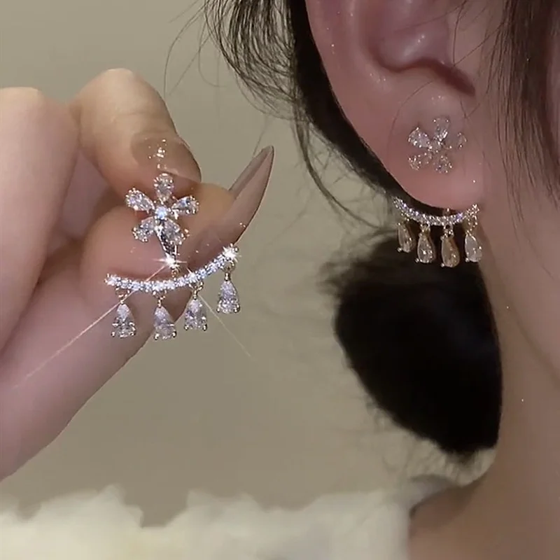 

Light Luxury Zircon Flower Tassel Earrings for Women Elegant Imitation Pearl Bowknot Stud Earrings New Year Party Jewelry Gift