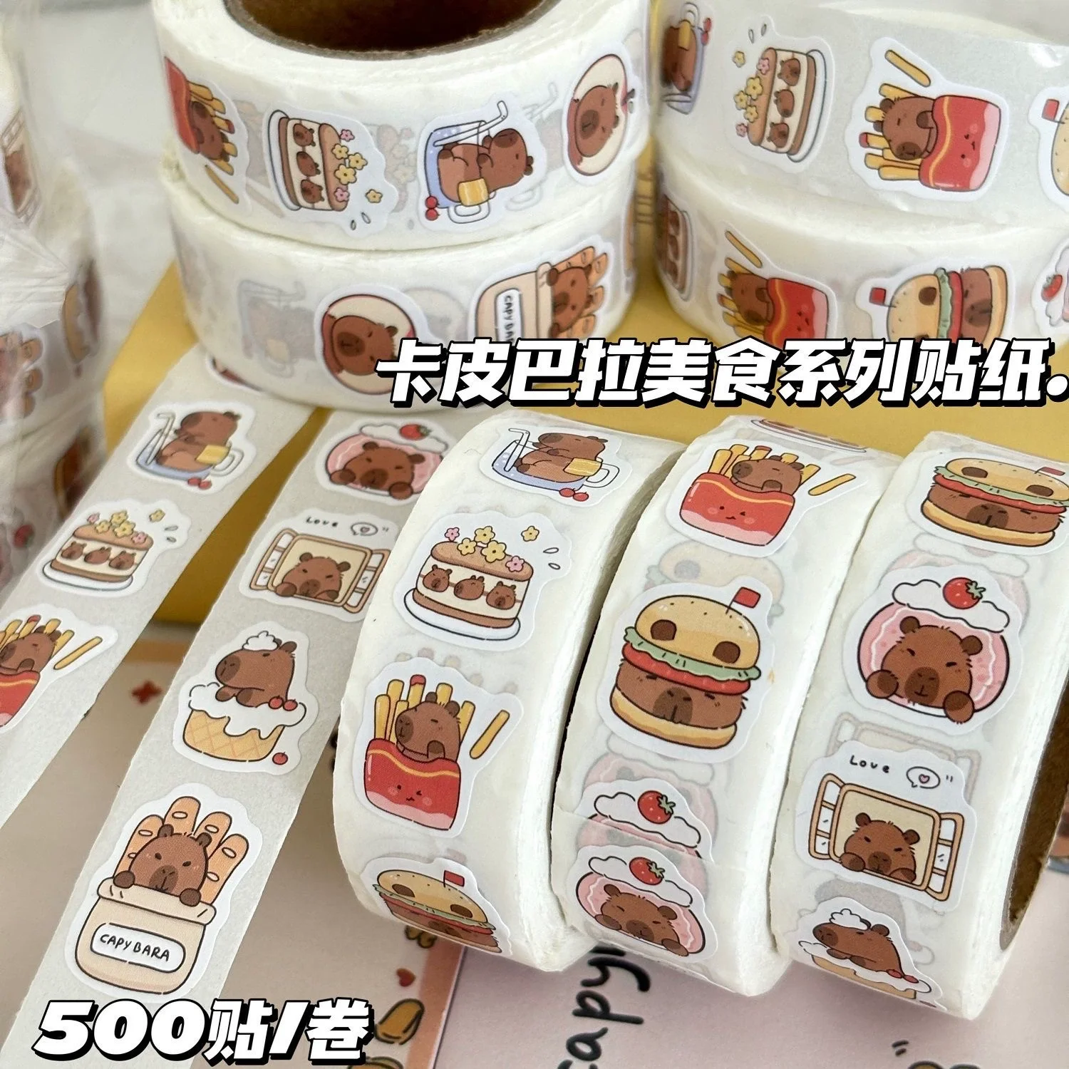 500Pcs Capybara Stickers Roll Waterproof PVC Self-Adhesive Decals Cute Animal & Food-Themed Perfect for Laptops Scrapbook Phones