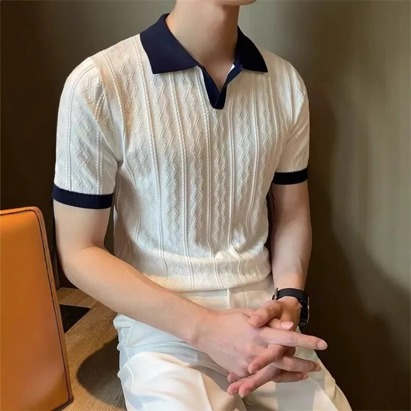 Summer Ice Silk Breathable Jacquard Lapel Short-sleeved Knitted Sweater Men Korean Style Trendy Slim