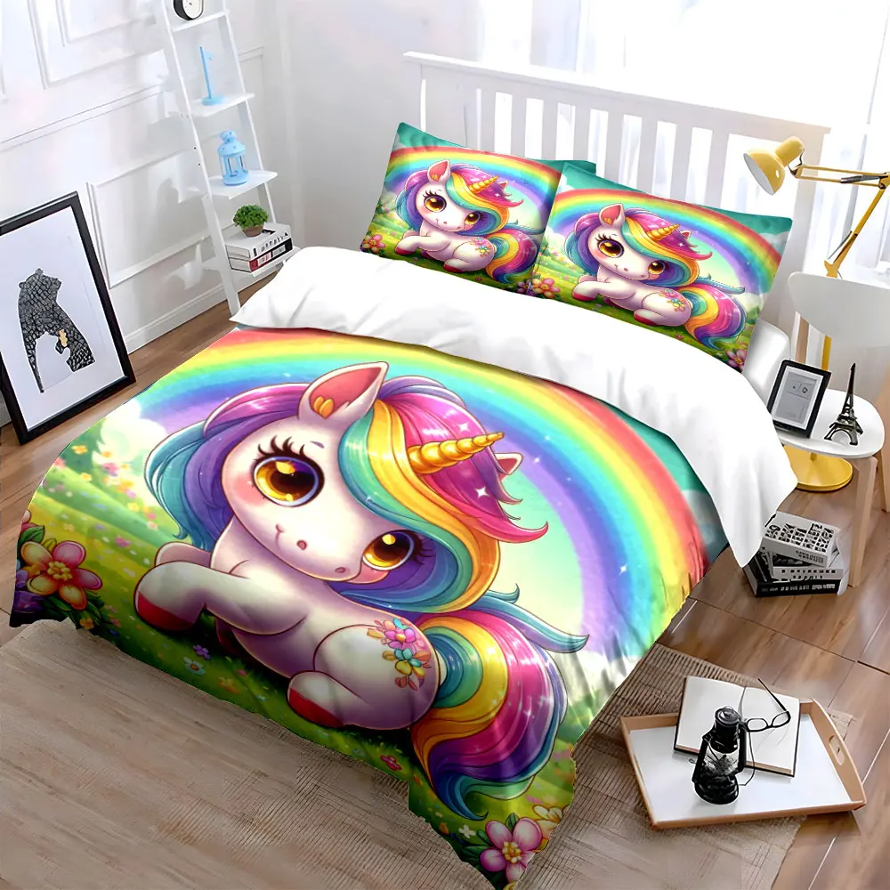 Rainbow unicorn with vibrant flowers Printed Duvet Cover Set1 Duvet Cover+2 PillowcaseMulti Size Bedroom Bedding Decor