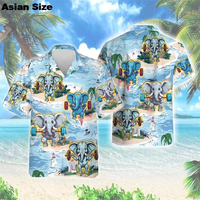 

Workout Weightlifting Dumbbell 3D Printed Shirts For Men Funny Animal Elephant Tiger Gym Sport Short Sleeve Hawaii Lobster Tops