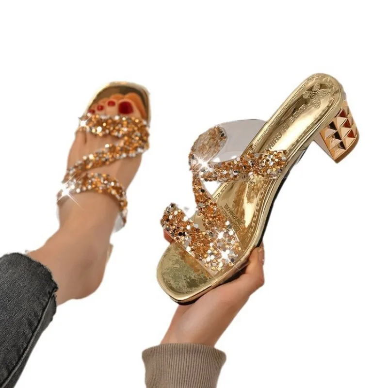 Bling Pearl Sequins Rhinestone Women Slippers Crystal Metal Heel Slides 2024 Summer Hollow Open Toe Slippers Gold Silver