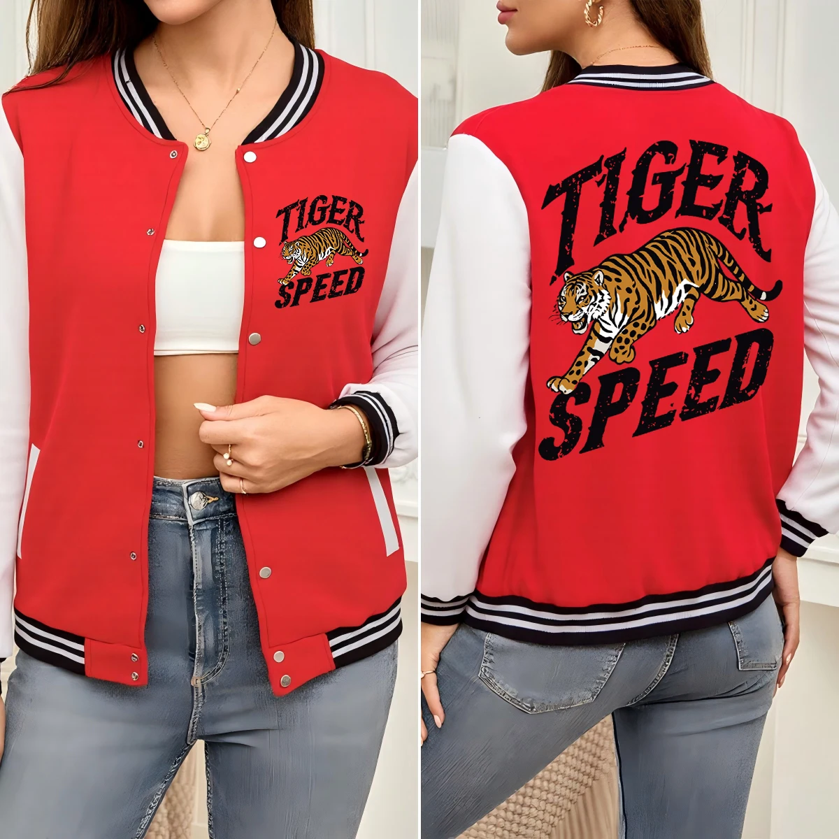 

Женская бейсбольная форма с креативным принтом Tiger Speed, спортивная свободная уличная одежда, мягкая хлопковая одежда, осенняя женская куртка на пуговицах
