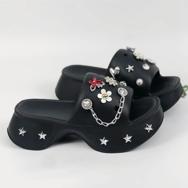 Women Summer Slippers EVA Clogs Sandals Shine Rhinestone Decoration Garden Shoes Non-Slip Slides Platform Casual Shoe For Female