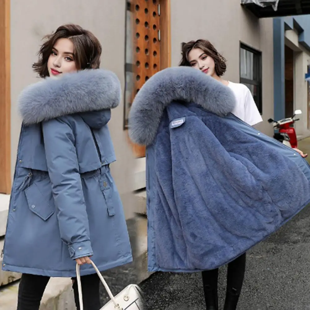

Thickened Padded Plush Women Parkas Winter Down Coat Hood Mid Length Down Jacket Pockets Drawstring Cotton Jacket Women Coat