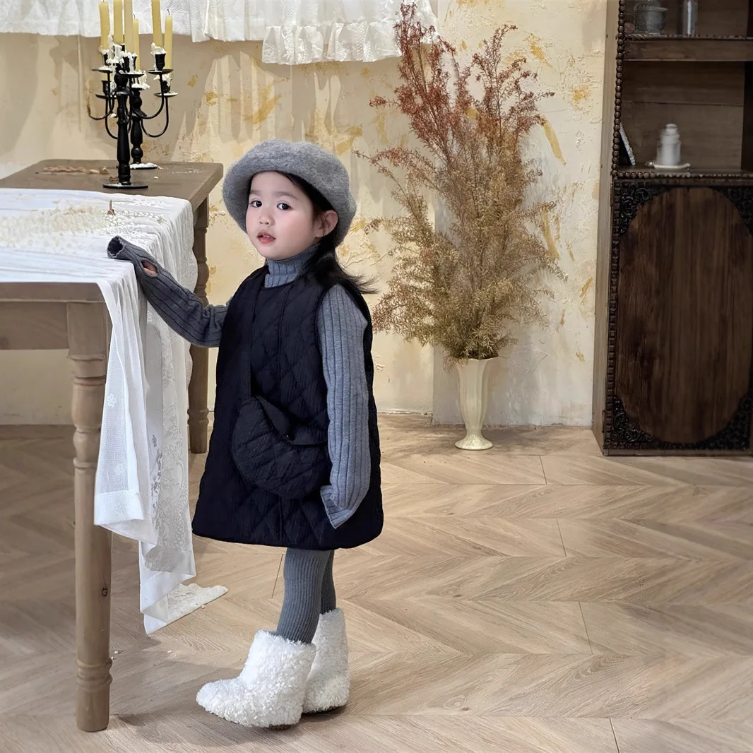 With Bag Korean Version of Girls' Autumn and Winter Gray Turtleneck Wool Black Quilted Vest Skirt Princess Skirt