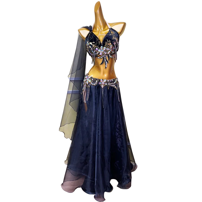 Vestido de dança do ventre para adultos e crianças, pedra ab, saia de malha com fenda de alta qualidade, tango, roupas profissionais femininas
