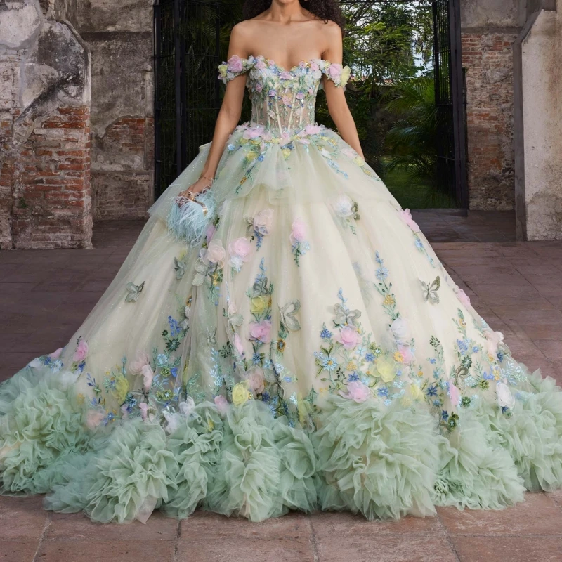 

Green Quinceanera Dresses Ball Gown Off The Shoulder Applique Flower Bow Beads Tull Tiered Sweet 16 Dress Vestidos 15 De Anos