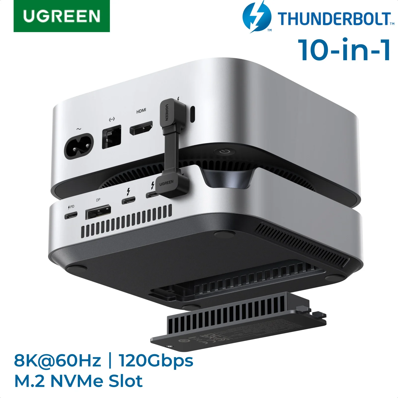 Base de Conexión UGREEN Thunderbolt 5 para Mac Mini, 120Gbps, Ranura M.2 NVMe SSD, DP 8K60Hz, SD4.0, USB-A 10Gbps, para Mac Mini M4 M4 Pro HUB