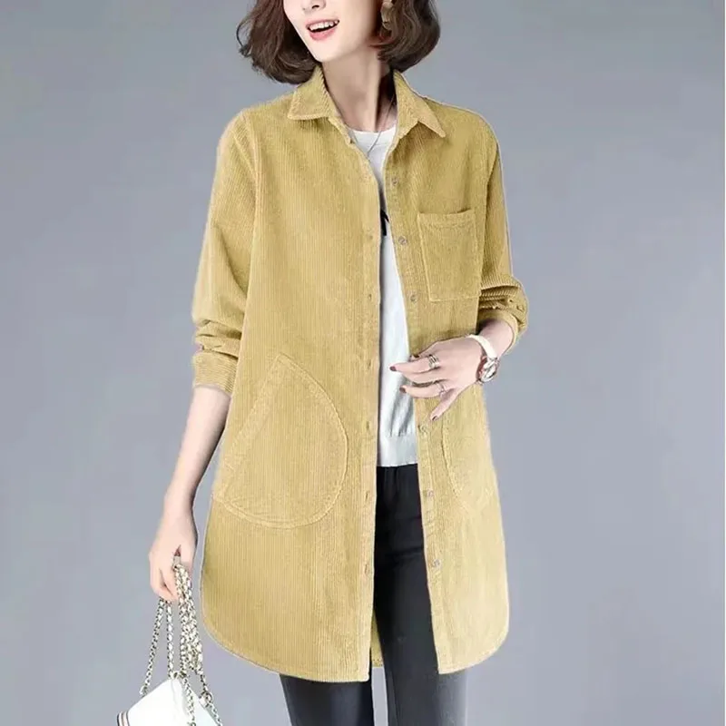 

2024 Spring Autumn New Corduroy Shirt Fashion Women's Coat Tops Long Sleeved Medium Length Loose Shirt Jacket Female Outerwear