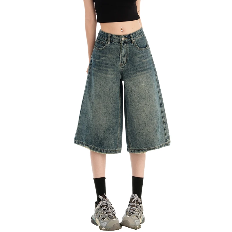 

Brand Clothing Women's Wide Leg 5-Point Knee Jeans Cotton Vintage Washed Draping Loose Straight Leg Denim Shorts Summer