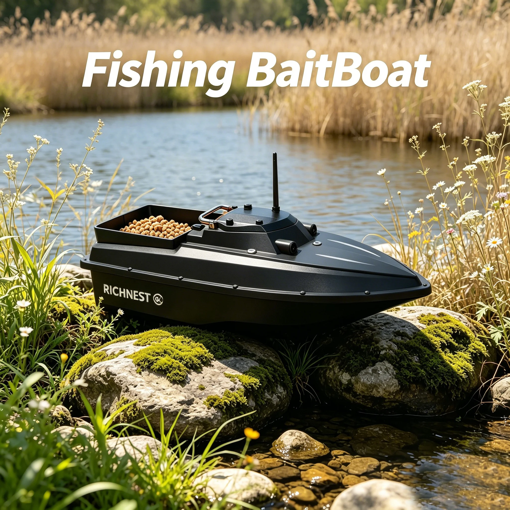 GPS Positioning RC Fishing Bait Boat 30 Points Auto Return 3KG Load 20000mAh Black Remote Control Wave Resistant