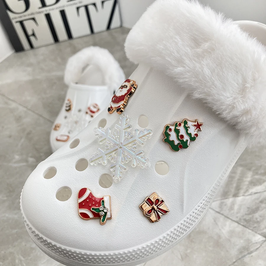 10pcs Christmas Vibe Snowflake Cute Decoration Charms And Fuzz Furry Heel Strap Suitable For Crocs Clogs Gift