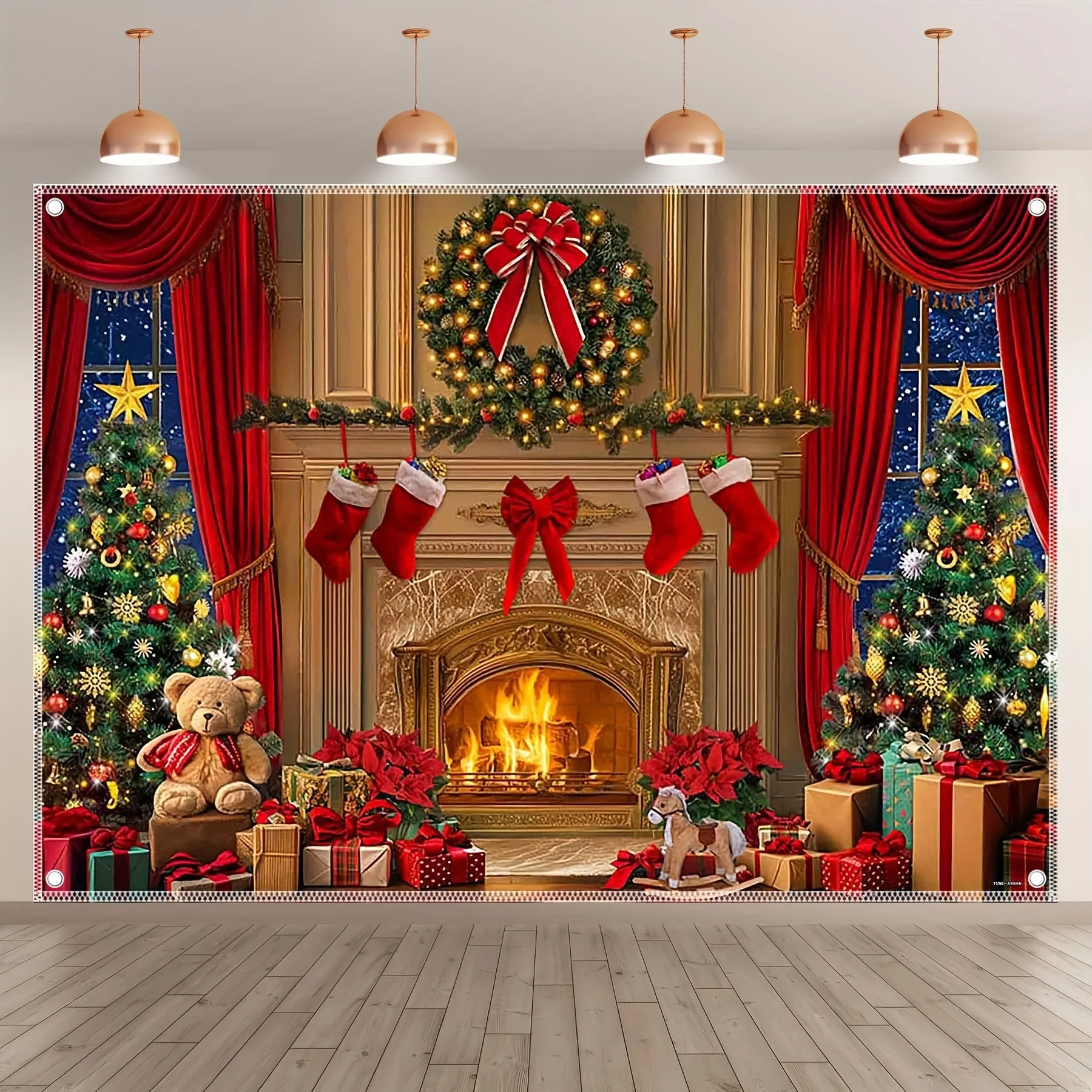 Christmas Day party decoration background cloth stove Christmas tree and gift box tapestry suitable for home outdoor