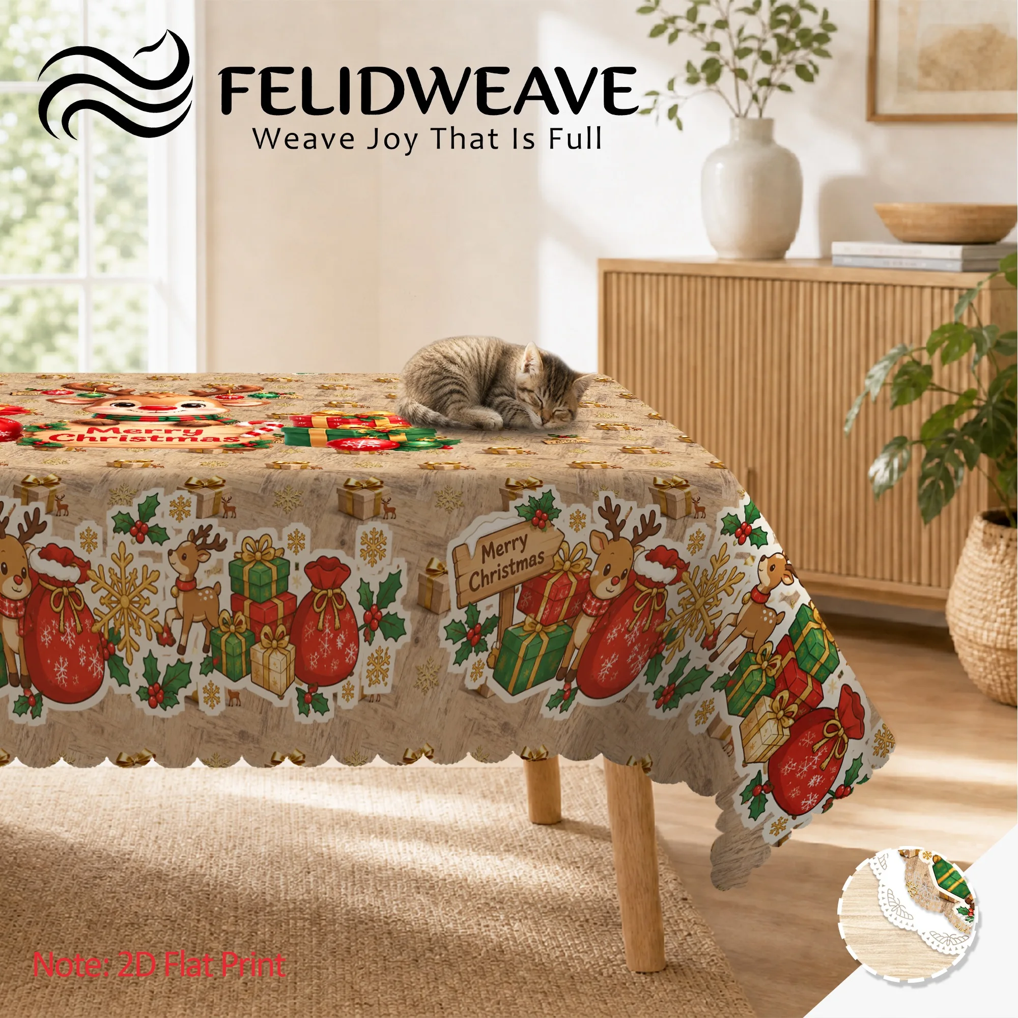Christmas Cute Reindeer Gift Box Merry Christmas Signage Red Green Gold Round Polyester Tablecloth Festive